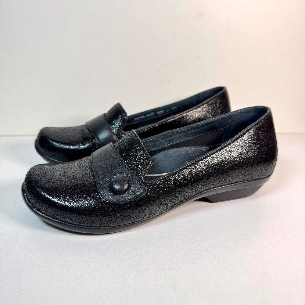 Dansko Olena Black Leather Metallic Slip On Comfort Flat | Size 37